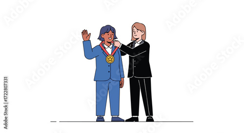Cartoon illustration depicting a woman receiving a medal of honor for outstanding achievement in a ceremony setting