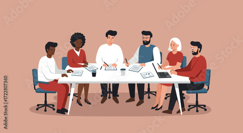Vector illustration of business team meeting around table, flat design minimal style.