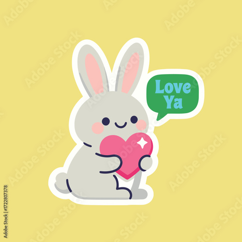 "Love Ya" sticker with a cute white bunny holding a pink heart and a speech bubble, a sweet and affectionate illustration.