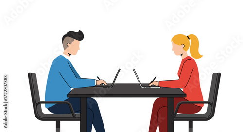 Vector illustration of business team meeting around table, flat design minimal style.