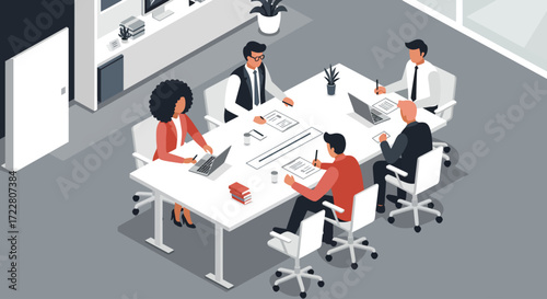 Vector illustration of business team meeting around table, flat design minimal style.