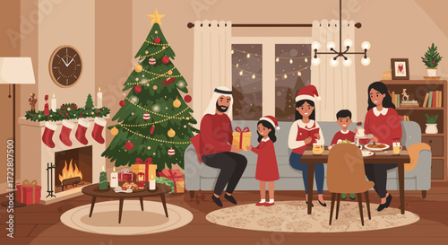 Vector illustration of family celebrating Christmas at home, flat cozy design