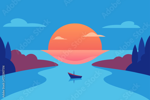 Serene minimalist landscape with a lone boat on a calm river at sunset with colorful sky and clouds