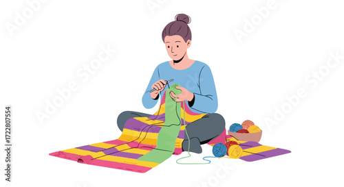 Cozy crafting: A woman immersed in her knitting project with colorful yarn and a relaxed ambiance shown in a flat vector art