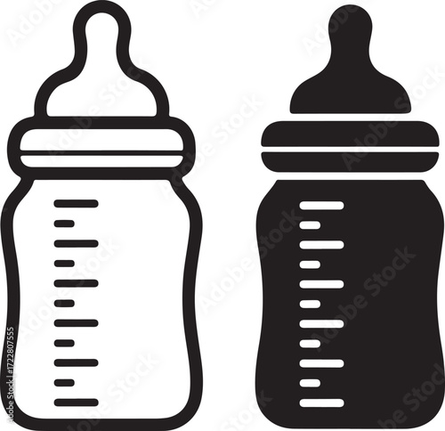 Illustration of two baby bottles, one black and one white, isolated on white background