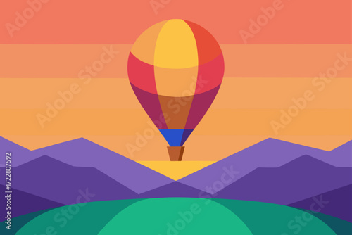 Vibrant hot air balloon floats over colorful geometric mountains at sunset with striped sky
