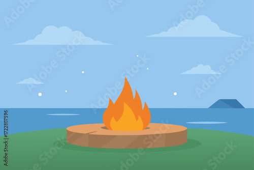 A warm campfire burns brightly on a grassy hill overlooking a calm blue ocean under a cloudy sky