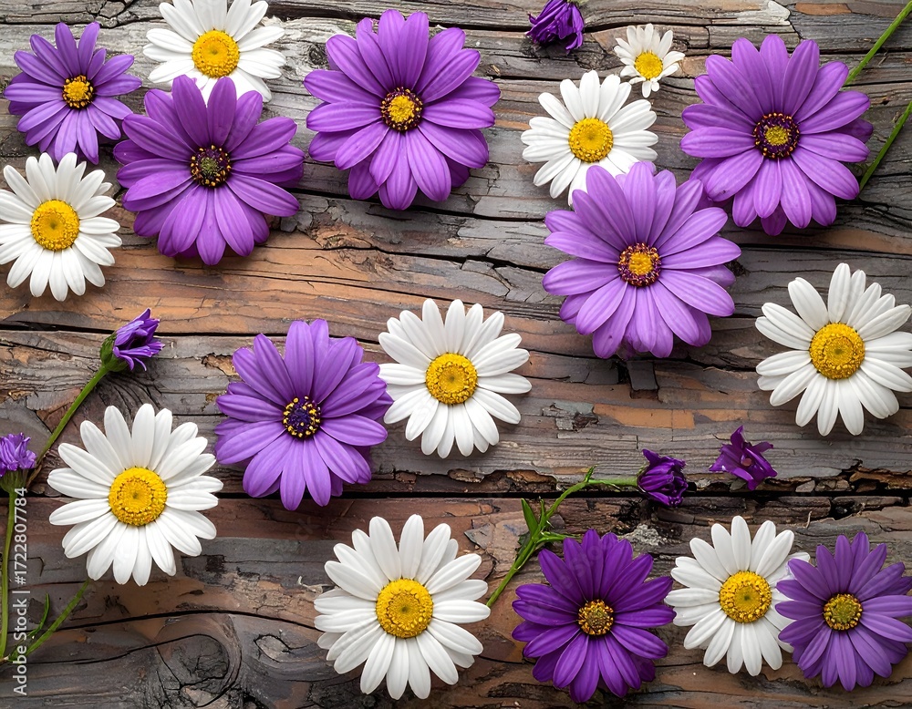 Obraz premium Vibrant Purple and White Flowers on Rustic Wooden Surface