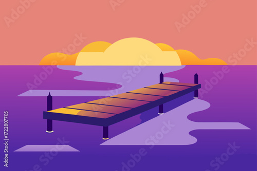 Minimalist flat design of a wooden pier extending into a calm purple lake at sunset with orange clouds and a yellow sun