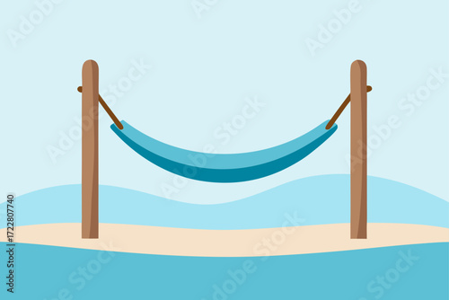 A tranquil blue hammock suspended between two wooden posts on a sandy beach with calm ocean waves