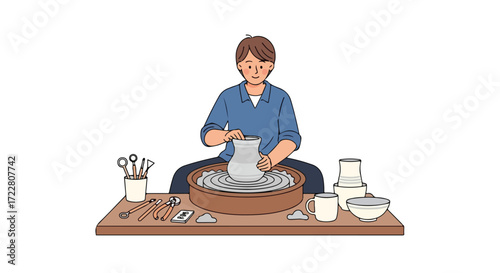 Dedicated artist shaping clay on a spinning pottery wheel, embracing the creative process and artistic expression in the studio workshop