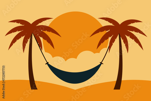 Tropical beach scene with two palm trees and a hammock at sunset with a large sun and clouds