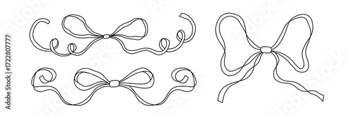 Cute retro coquette bows. White and black elegant ribbons line art illustration for wedding and Christmas designs. Hand drawn silk tape accessory. Girly decor clipart. Vector illustration