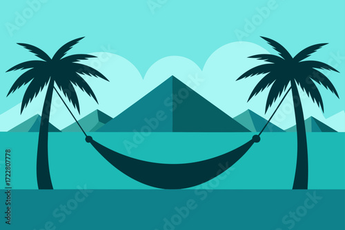 Relaxing hammock strung between palm trees with pyramids in the background and turquoise water