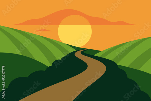 Winding dirt road through rolling green hills towards a bright sun at sunset