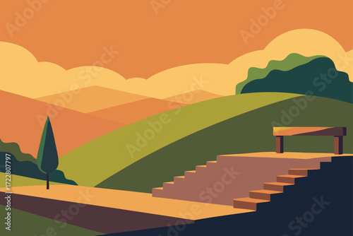 Stylized landscape with rolling hills a lone tree and a set of stairs leading to a bench under an orange sky