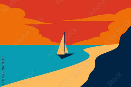 Minimalist sailboat glides across vibrant blue ocean under a dramatic red and orange sunset sky