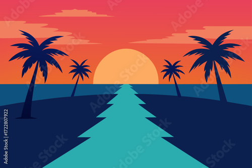 Stylized tropical island sunset with palm trees and a path leading to the ocean horizon