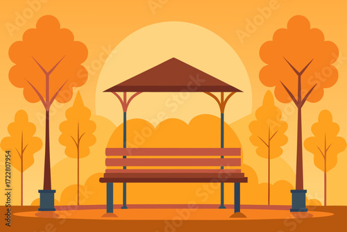 Flat illustration of a park bench under a gazebo with autumn trees and a large sun in the background