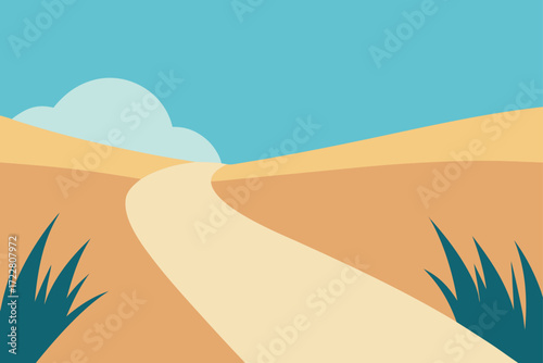 A winding path leads through a stylized desert landscape under a clear blue sky with clouds