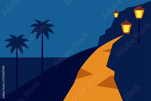 Illuminated path through a dark landscape with palm trees and rocky outcrops
