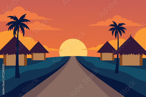 Tropical village scene with thatched huts and palm trees at sunset with a road leading to the horizon