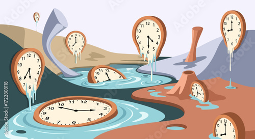 Surreal Melting Clocks in a Dreamlike Landscape, Time Distortion.
