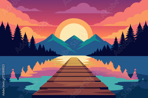 Wooden pier leads to serene mountain lake at vibrant sunset with colorful clouds and reflections