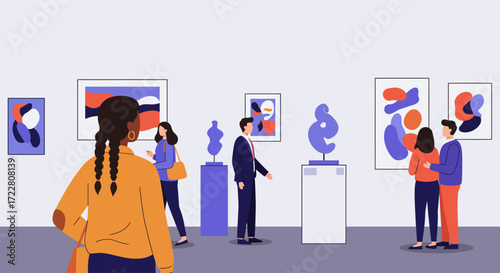 Vector illustration of people visiting a modern art gallery, diverse group of visitors observing paintings, flat design, colorful and minimal style, educational and cultural theme