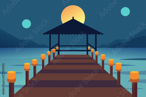 Wooden pier with lanterns leading to a gazebo under a large full moon at night