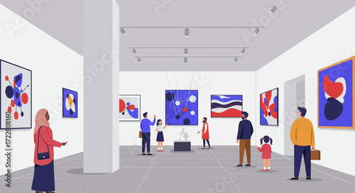 Vector illustration of people visiting a modern art gallery, diverse group of visitors observing paintings, flat design, colorful and minimal style, educational and cultural theme