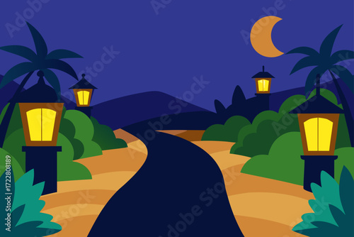 A winding road illuminated by vintage lamps under a crescent moon at dusk