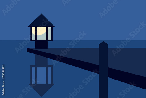Minimalist illustration of a glowing lantern on a dark pier reflecting in the calm water at dusk