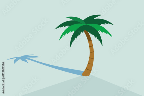 Stylized illustration of a single palm tree casting a long shadow on a light blue background