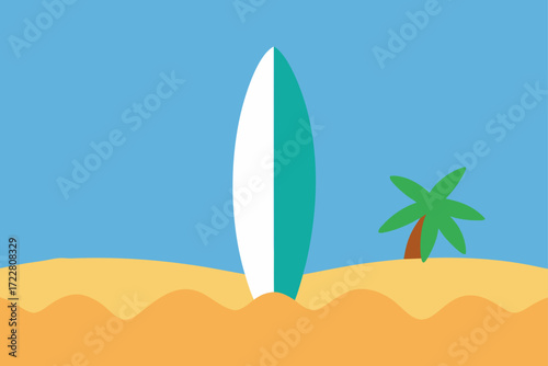 A white and teal surfboard stands upright on a sandy beach next to a palm tree under a clear blue sky