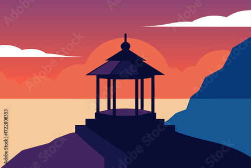 Serene sunset over a tranquil ocean with a silhouetted gazebo on a cliffside
