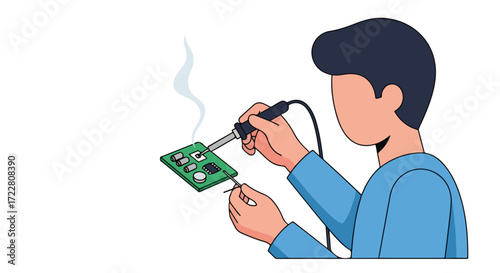 Craftsman carefully soldering electronic components onto a circuit board for technological innovation illustration