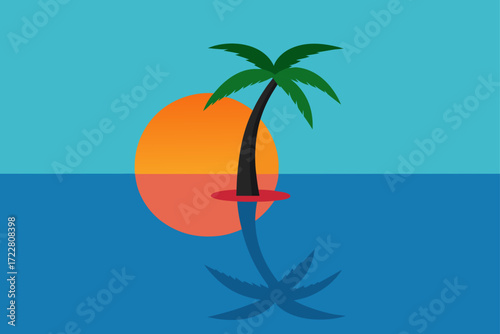 Stylized minimalist illustration of a lone palm tree at sunset over the ocean