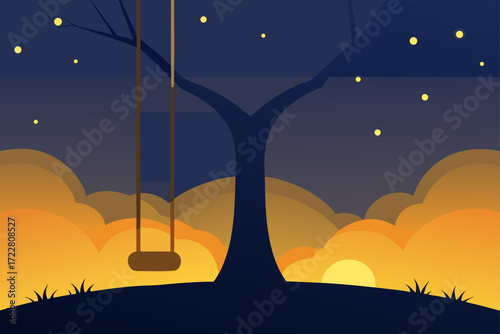 Silhouette of a lonely swing hanging from a bare tree against a twilight sky with stars and clouds