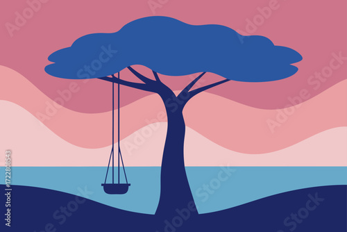 Silhouette of a solitary tree with a swing hanging from its branches against a wavy pastel sky and calm water