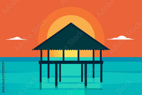 Minimalist flat design of a stilted hut on the ocean at sunset with a vibrant orange sky