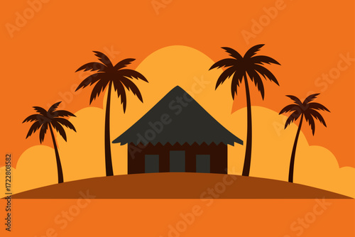 Tropical island hut with palm trees silhouetted against a vibrant orange sunset sky