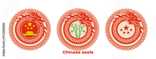 Vector set of Chinese red seals. Ring dragon with coat of arms of China, bamboo, stars and imperial city. Collection of icons, stickers and badges. Fantasy mythical folklore ancient animal