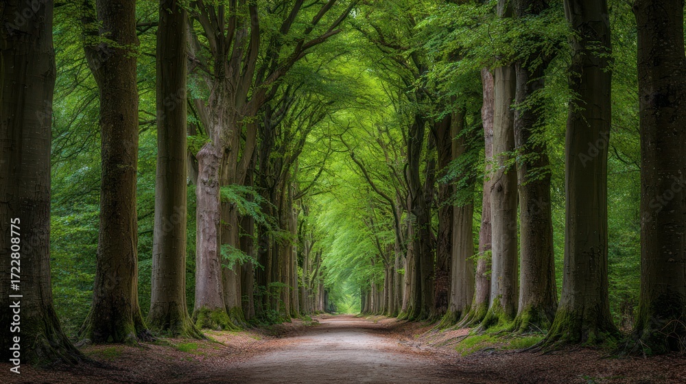 Fototapeta premium Lush Forest Pathway Surrounded by Tall Green Trees in Daylight