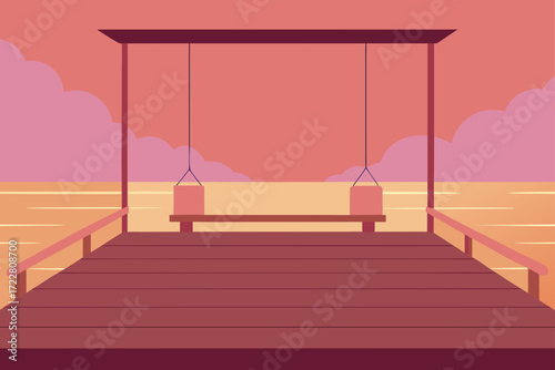 Serene sunset over the water with a wooden pier and two hanging swings