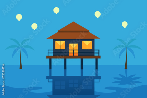 Tropical stilt house with glowing windows and palm trees under a clear blue sky with lanterns