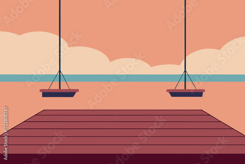 Empty wooden dock with two swings overlooking a calm ocean under a pastel sky
