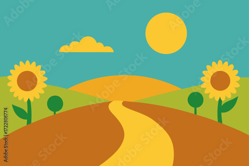 Stylized cartoon landscape with sunflowers rolling hills a winding path and a bright sun