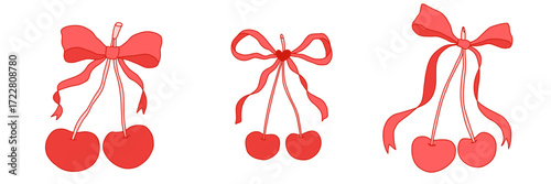 Set of cherries with pretty bows. Cherry Berry with elegant bow knot and ribbon. Coquette aesthetic. Trendy y2k Collection decorative elements. Whimsical clipart. Vector illustration