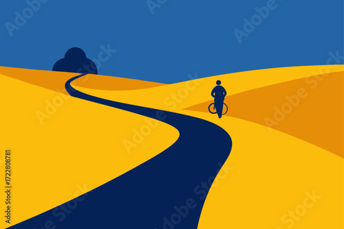 Silhouette of a person riding a bicycle on a winding dark blue road through golden hills under a clear blue sky